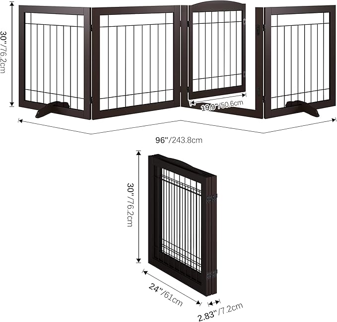 Vantas Folding Pet Gate 96" Wide, 30" Tall No-Assembly Wooden Dog Gate with Door Walk Through, Freestanding Wire Pet Puppy Safety Fence, with 2PCS Support – Espresso