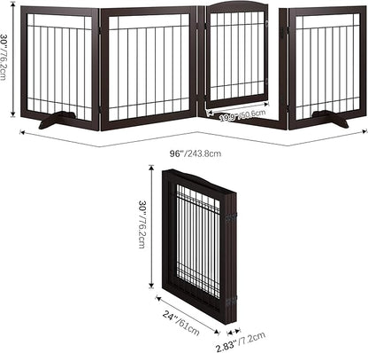 Vantas Folding Pet Gate 96" Wide, 30" Tall No-Assembly Wooden Dog Gate with Door Walk Through, Freestanding Wire Pet Puppy Safety Fence, with 2PCS Support – Espresso