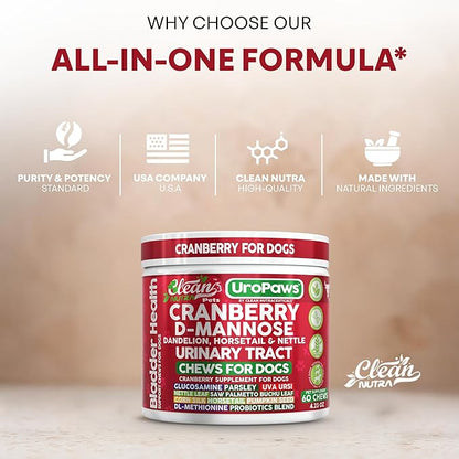Dog UTI Treatment | Cranberry for Dogs | Urinary Tract Bladder Control | D-Mannose Dandelion Glucosamine HCL Marshmallow Nettle Leaf Saw Palmetto Uva Ursi Horsetail Beef Flavor by Clean Nutra Pets