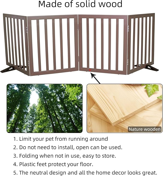 ZJSF Freestanding Indoor Dog Gate for House Foldable Wood Puppy Gate for Doorways Pet Gate for Stairs Extra Wide Pet Fence, Brown, 24" Height 4 Panels