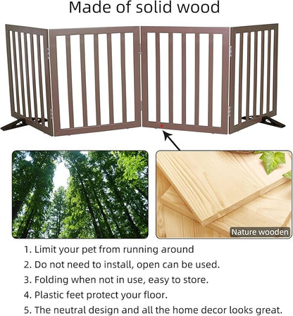ZJSF Freestanding Indoor Dog Gate for House Foldable Wood Puppy Gate for Doorways Pet Gate for Stairs Extra Wide Pet Fence, Brown, 24" Height 4 Panels