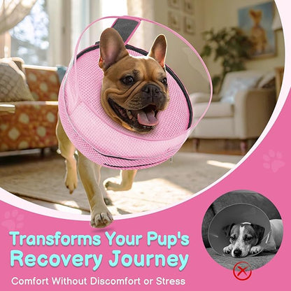 Soft Inflatable Dog Cone for Surgery Recovery, Protective Dog Donut Collar with Shield to Stop Licking Wounds, 2-in-1 Patented Comfort Blow-Up Collar for Small and Medium Pets (Pink, M+)