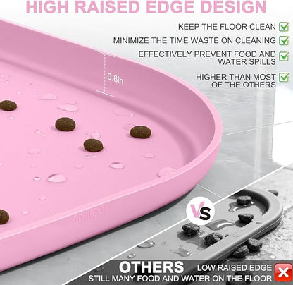 Smilool Silicone Pet Food Mat with Raised Edge for Food and Water Bowl, Dog Feeding Mats, Cat Food Trays for Floor Waterproof, Rubber Tray for Dogs and Cats, 22 x 14 x 0.8 Pink