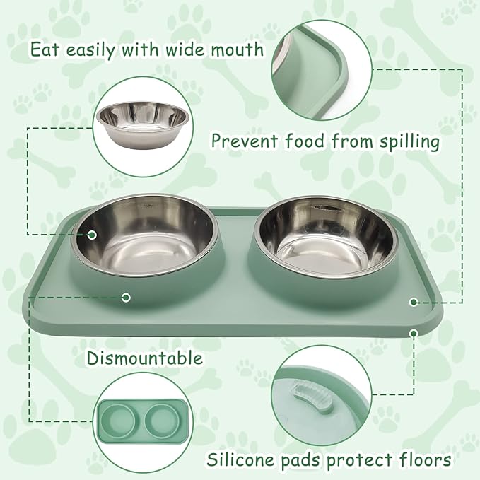 BNOSDM Double Dog Food Bowls Stainless Steel Dog Food and Water Bowls with Non-Spill Plastic Mat Pet Cat Feeder Bowl Set for Puppy Cats Kitten Small Medium Dogs Green
