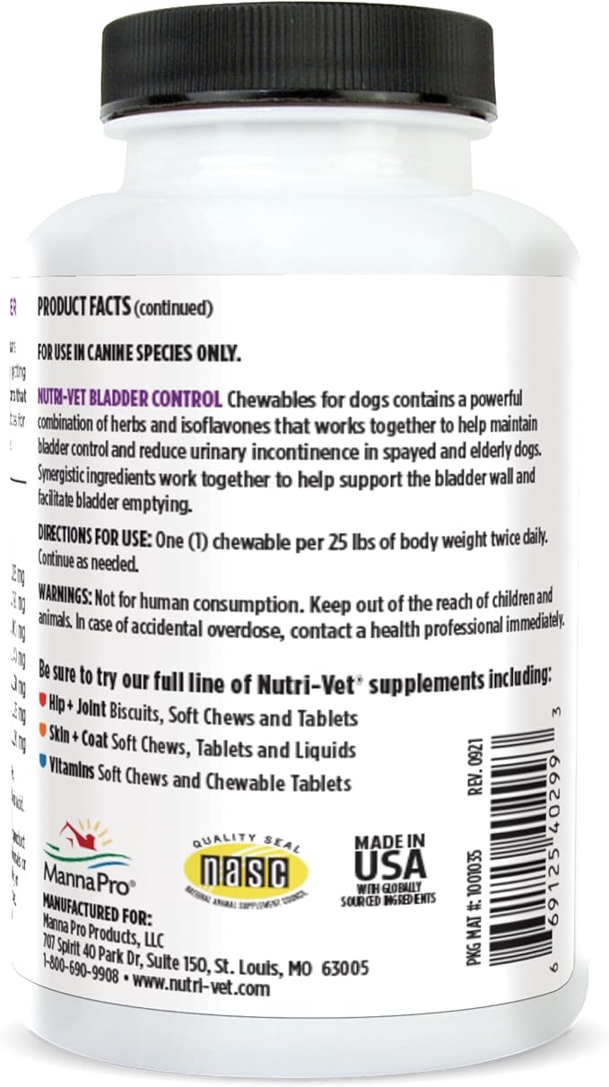 Nutri-Vet Bladder Control Supplement, Cranberry Supplement, Dog Products, Immune Support, Helps Dog Urinary Incontinence, Bladder Control Pills, Urinary Tract Health, Puppy Support, 90 Tablets