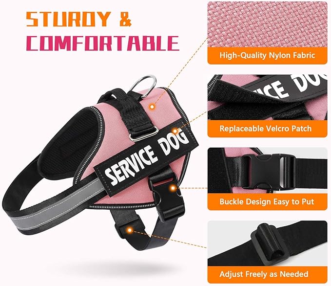 MUMUPET Service Dog Vest Harness, No Pull Reflective Adjustable with Handle, Soft Breathable Padding for Small Dogs, 2 Removable Velcro Patches (Pink, XS)