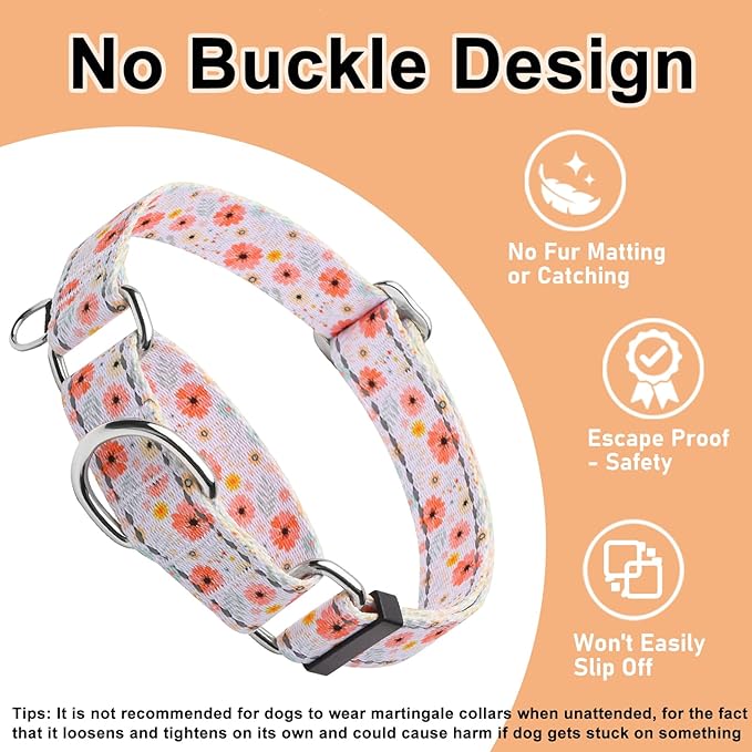 Reflective Martingale Collar for Dogs Nylon Training Collar with No Buckle Cute Floral No Pull Dog Collar for Medium Dogs（White Flower，M）