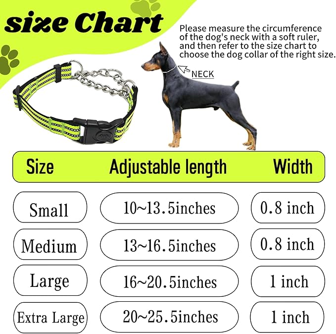 Martingale Dog Collars, Reflective Nylon Collar with Stainless Steel Chain, Adjustable Walking Training Dog Collars with Quick Release Buckle, Suitable for Small Medium Large Dogs(Green,XL)