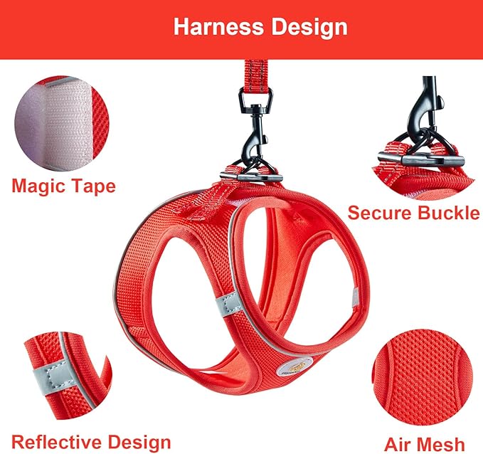Hipubby Dog Harness and Leash Set, No Pull Soft Mesh Puppy Harness for Small Medium Dogs, Cats - Step in Reflective Breathable Lightweight Vest Harness for Walking, Training - Red, XXS