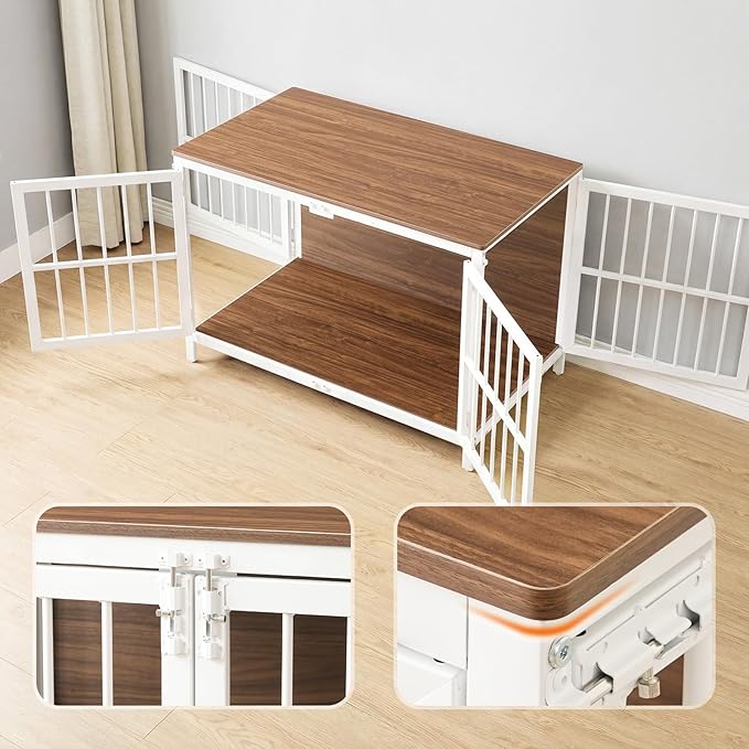 HOOBRO Heavy Duty Dog Crate Furniture, 39.4" Wooden Indoor Kennel with 3 Doors, Chew Resistant Metal Cage for Medium and Large Breeds, Dog Crate Side Table, White and Walnut WH101GW03