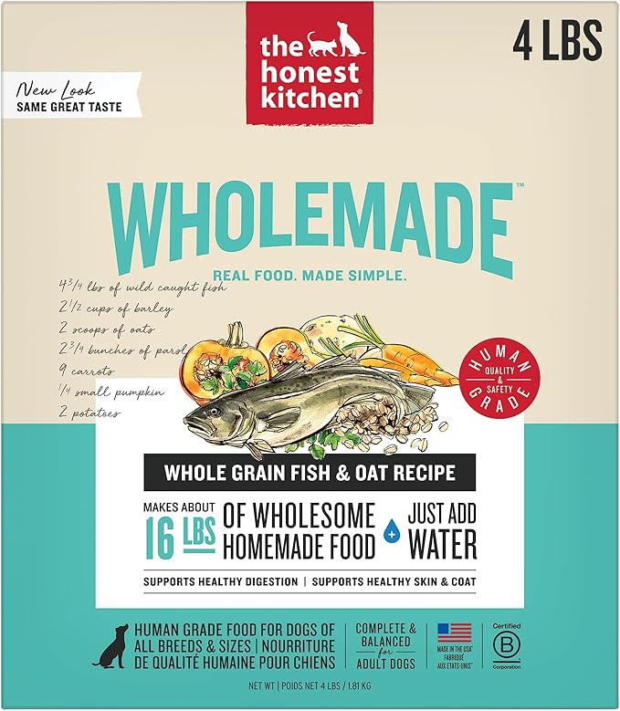 The Honest Kitchen Human Grade Wholemade™ Dehydrated Dog Food, Whole Grain Dog Food, Fish & Oats, 4 lb (Makes 16lbs)