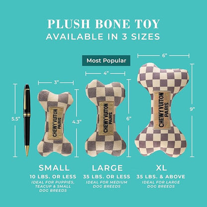 Haute Diggity Dog Chewy Vuiton Bone Plush Squeaky Dog Toy, Soft Durable Designer-Inspired Stuffed Puppy Chew Toys for Small & Medium Dogs, Machine-Washable (Tan Checker) Large