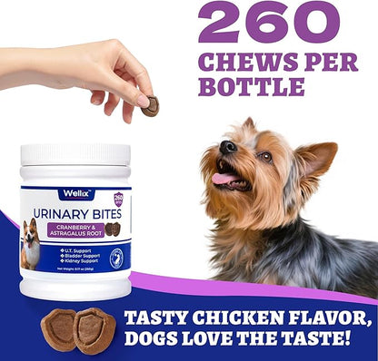 260 Bites Wellix Urinary Bites for Dog UTI Treatment - Cranberry Supplement with D-Mannose Marshmallow Root for Dogs Urinary Tract & Kidney Bladder Support - Chicken Flavor