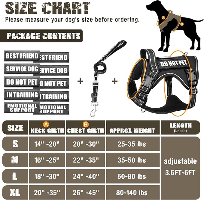 Tactical Dog Harness and Leash Set Small Sized Dog,Heavy Duty No Pull Service Dog Vest and 10 Patches with Dog Seat Belt,Reflective Adjustable Pet Harness for Training Walking Hiking Black S