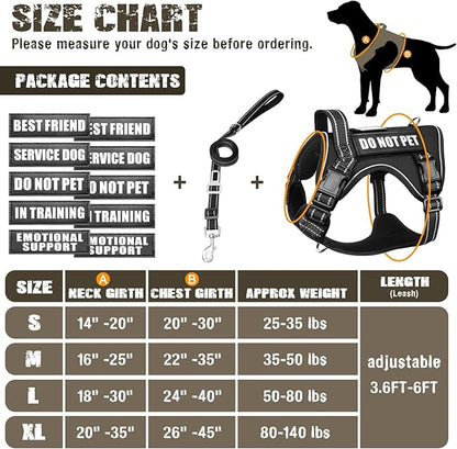 Tactical Dog Harness and Leash Set Small Sized Dog,Heavy Duty No Pull Service Dog Vest and 10 Patches with Dog Seat Belt,Reflective Adjustable Pet Harness for Training Walking Hiking Black S