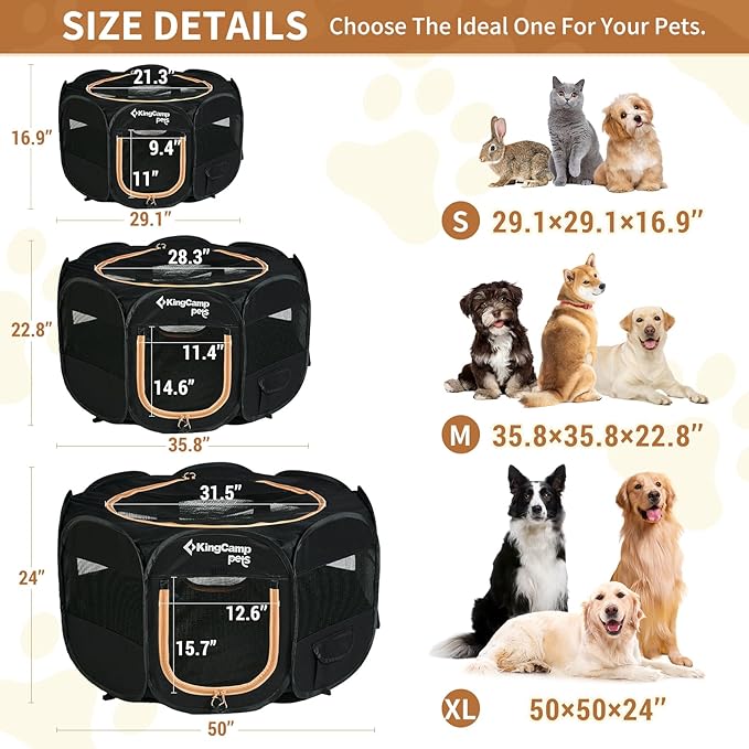 KingCamp Dog Playpen, Portable Foldable Cat Kitten Puppy Tent Crates 29"/36"/50" Pop Up Pet Playpen with Zippered Bottom & Cover for Indoor Outdoor Use (Medium, Black)