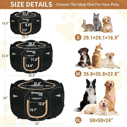 KingCamp Dog Playpen, Portable Foldable Cat Kitten Puppy Tent Crates 29"/36"/50" Pop Up Pet Playpen with Zippered Bottom & Cover for Indoor Outdoor Use (Medium, Black)