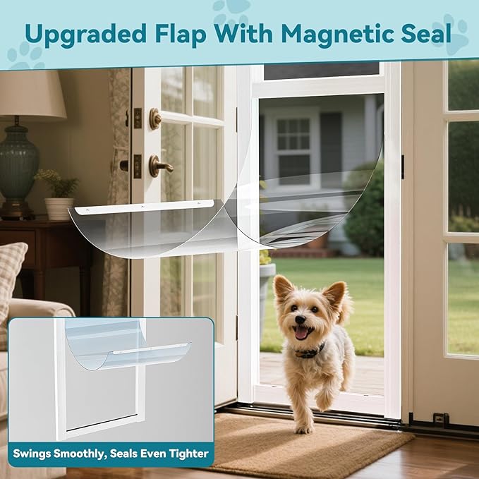 MOPHOTO Dog Door for Sliding Glass Door, Adjustable Height 74.8"-80" Glass Pet Door, No-Drill Insert Installation, Rental-Friendly Sliding Pet Door with Security Lock & Weather Stripping, White