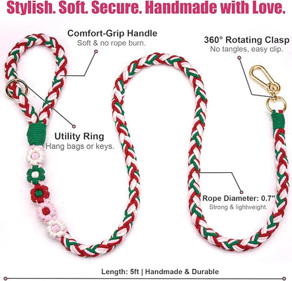 Handmade 5ft Braided Cotton Dog Leash with Unique Floral Handle, Durable and Stylish, Ideal for Small to Large Dogs,Strawberry