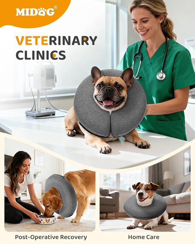 MIDOG Inflatable Dog Cone Collar – Soft Dog Cone Alternative After Surgery, Comfortable Recovery Neck Donut ECollar for Small Medium & Large Dogs and Cats to Stop Licking & Vision-Friendly (Grey,M)