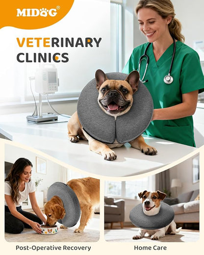 MIDOG Inflatable Dog Cone Collar – Soft Dog Cone Alternative After Surgery, Comfortable Recovery Neck Donut ECollar for Small Medium & Large Dogs and Cats to Stop Licking & Vision-Friendly (Grey,XS)