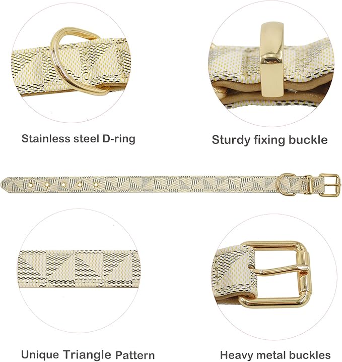 Leather Dog Collar and Leash Set, Check Pattern Dog Collar Leashes Metal Buckle Adjustable Durable for Small Medium Large Dogs (White, L(14.5-18.5IN))