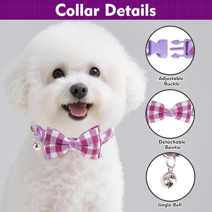 EXPAWLORER Cute Dog Harness Collar Leash Set - Purple Girl Dog Harness Checkered Step-in Design, Detachable Bow Pet Collar, Adjustable No-Choke Lightweight Mesh Vest for Small Medium Dogs, M