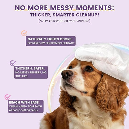 IMMHABI 100 Pcs Cleaning Deodorizing Pet Glove Wipes for Dogs & Cats, Hypoallergenic Dog Bath Wipes with Natural Deodorizer Persimmon Tannin, Pet Bathing Wipes for Horse Coat Care Lavender Scent