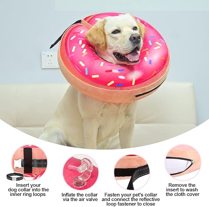 BEAUTYZOO Dog Cone Alternative After Surgery for Large Medium Small Dogs, Soft Inflatable Cone Collar for Dogs Cats, Dog Neck Donut E Collar Dogs Recovery Collar to Stop Licking, Strawberry Pink, L