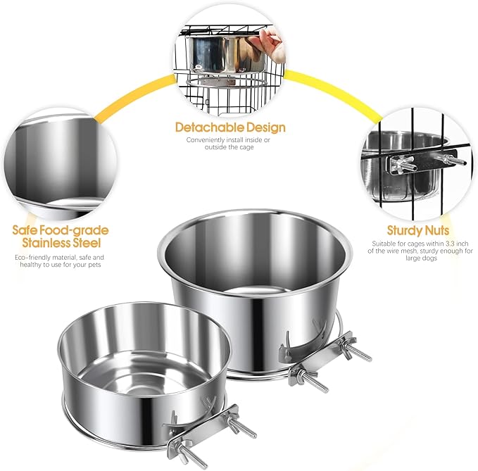 2 Pcs Large Pet Dog Food Water Bowl for Cage Stainless Steel Non-Spill Kennel Hanging Cats Bowls with Clamp Holder Crate Feeder Dish for Medium Large Dogs Huge Pets (7.1x3.5'' & 6.3x2.6'')