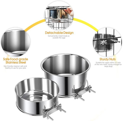 2 Pcs Large Pet Dog Food Water Bowl for Cage Stainless Steel Non-Spill Kennel Hanging Cats Bowls with Clamp Holder Crate Feeder Dish for Medium Large Dogs Huge Pets (7.1x3.5'' & 6.3x2.6'')