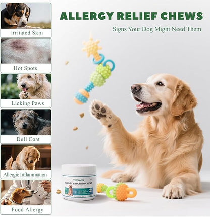 Dog Allergy Chews, Dog Allergy Relief Chews Coat Supplement for Itchy Skin Paw Licking, Probiotics for Dogs with Colostrum Omega-3 Turmeric Immune Supplement-30ct