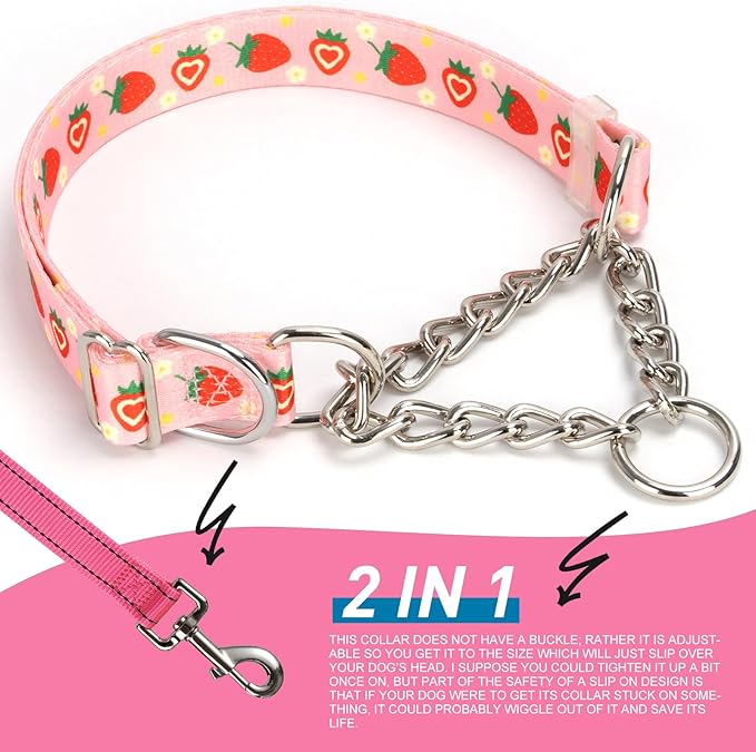 Pink Strawberry Martingale Dog Collar with Chain - No-Pull Training Collar Soft & Durable Design for Medium, Large & XL Dogs (Medium, Strawberry)