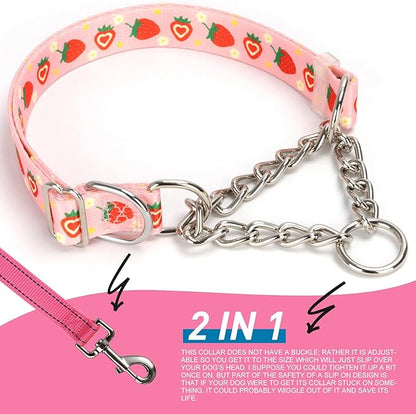 Pink Strawberry Martingale Dog Collar with Chain - No-Pull Training Collar Soft & Durable Design for Medium, Large & XL Dogs (Medium, Strawberry)