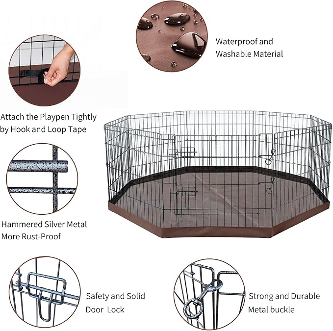 NEZUC Foldable Metal Dog Exercise Playpen Gate Fence Dog Crate 8 Panels 24 Inch Height Puppy Kennels with Top Cover/Bottom Pad for Animals Outdoor Indoor (Playpen+Bottom Pad, Brown, 24" H)