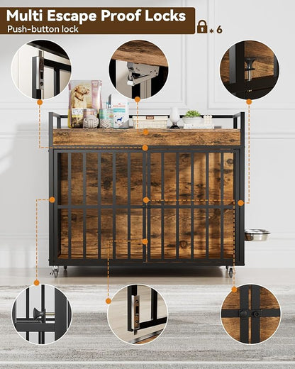 2PCS 43 Inch Dog Crate Furniture, Heavy Duty Dog Kennel with 3 Doors, 2 Adjustable Bowls and Lockable Wheels, Wooden Dog House for Large Dogs, End Table Dog Cage, Rustic Brown