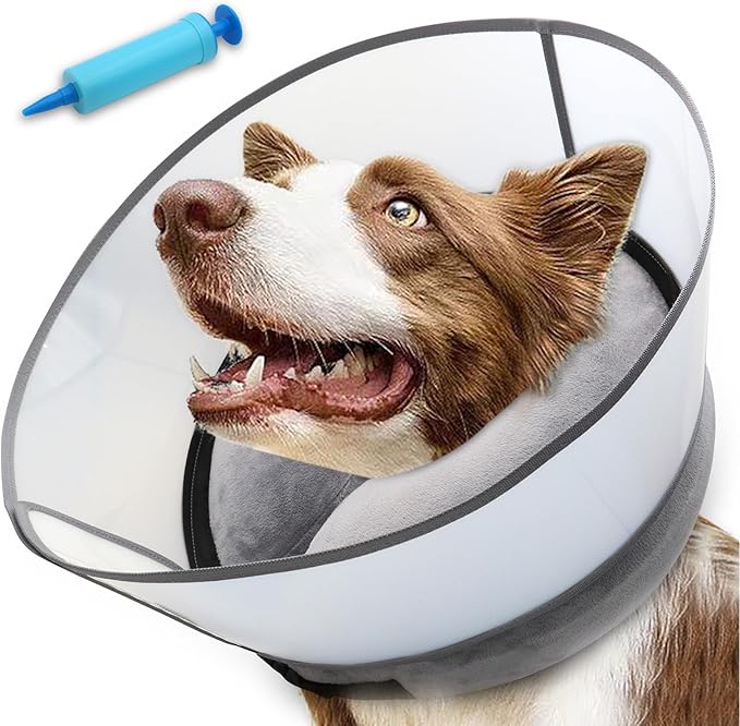 2-in-1 Upgraded Inflatable Dog Cone Collar with Detachable Anti-Licking Shield, Soft Adjustable Elizabethan Collar for Dogs After Surgery (S, Grey)