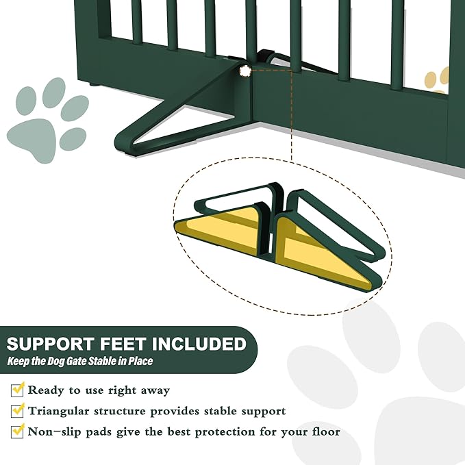 PUPETPO Freestanding Pet Gate for Dogs, Foldable Wooden Dog Gate for House Indoor, Step Over Pet Puppy Safety Fence for Stair, Doorway,Hall, Support Feet Included,3 Panels 32",Green