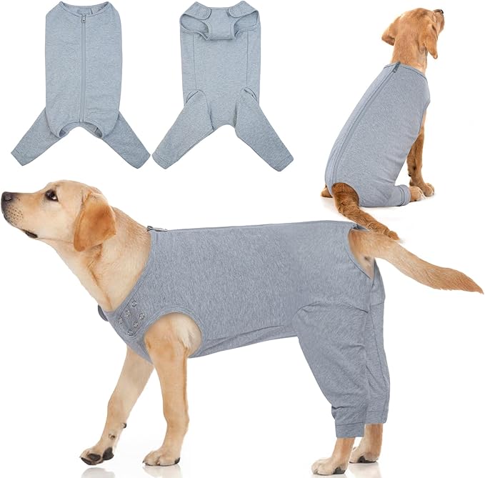 IDOMIK Dog Recovery Suit,Dog Leg Sleeve to Stop Licking Rear Legs,Thigh Wound Protective Sleeve,Male Female Pet Surgical Clothes,Doggy Surgical Suit with Pants Cover,Cone Collar Alternative,2XL,Grey