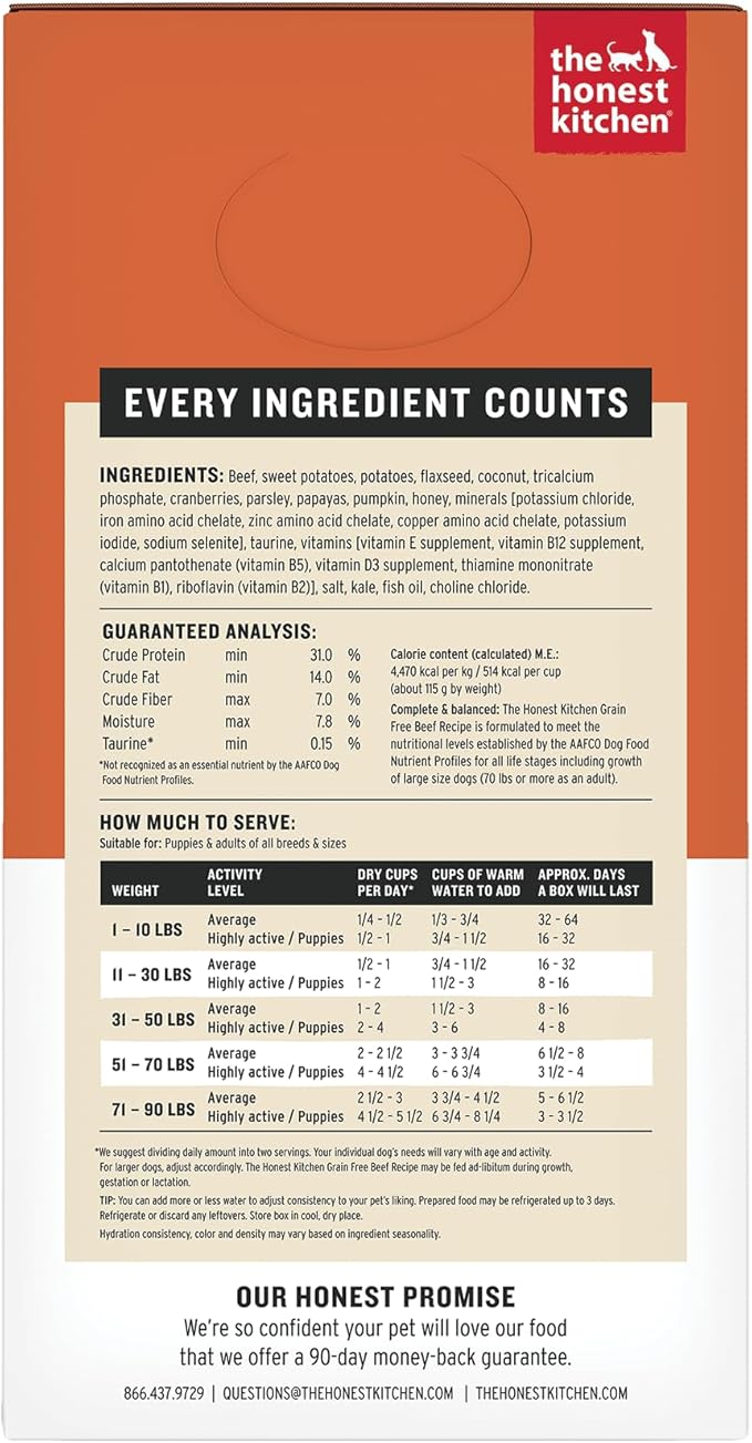 The Honest Kitchen Human Grade Wholemade™ Dehydrated Dog Food, Grain Free Dog Food, Beef, 4 lb (makes 16lbs)
