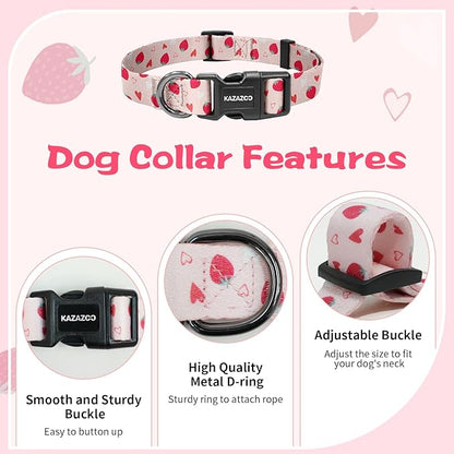 Kazazoo Dog Collar Cute and Soft Nylon Puppy Collar Girl, Adjustable Dog Collars for Small Medium Dogs, Strawberry-XS