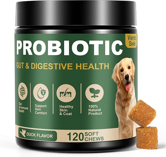 Probiotics for Dogs - Dog Probiotics for Yeast, Itchy Skin and Itchy Ears, Digestive Health, Diarrhea Relief, Gut & Immune Support - with 7 Enzymes, 3 Prebiotics & Omega-3 (Duck 120ct)