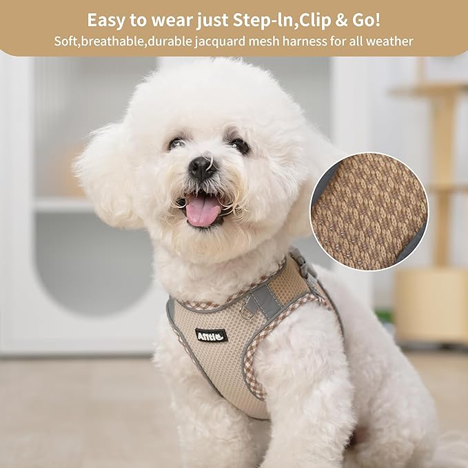 AIITLE Tiny Dog Harness - Lightweight Mesh Step-in Vest for Puppy, Reflective & Escape-Proof Design with High-Stick Magic Tape - Indoor/Outdoor Use for Chihuahua, Maltese, Shih Tzu(Brown-Beige, XXXS)