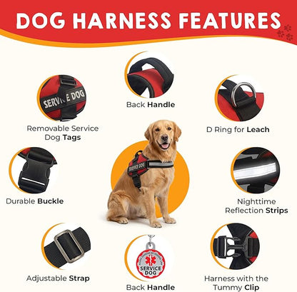 Service Dog Vest + ID Tag 50 ADA Information Cards - Harness w Patch in Sizes X Small to XX Large, Metal has Durable Clip, Animal Cards. ESA Accessory Set