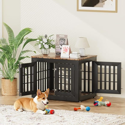 Snuowu 32" Heavy Duty Dog Crate Furniture for Small,Medium and Large Dogs,Rustic Wooden Dog Cage Kennel Indoor Furniture with Waterproof Top,Decorative Pet House Side End Table (Black & Wood)
