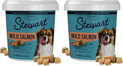Stewart 100% Wild Salmon Dog Treats, 9.5 oz Tub, ~190 Pieces, Freeze Dried Raw, Ingredient, 65% Protein Training Treats or Meal Topper, Grain Free, Gluten Free (Pack of 2)