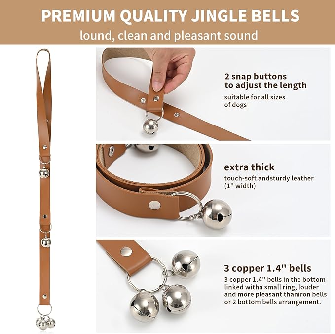 Luckyiren Brown Leather Hanging Door Bells for Dogs to Ring to Go Potty Training Doorbells Tools to Go Outside Dog Accessories Upgraded Puppy Essentials for Home (Silver Jingle Bells)