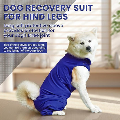 IDOMIK Dog Recovery Suit,Dog Leg Sleeve to Stop Licking Rear Legs,Thigh Wound Protective Sleeve,Male Female Pet Surgical Clothes,Doggy Surgical Suit with Pants Cover,Cone Collar Alternative,Blue,S