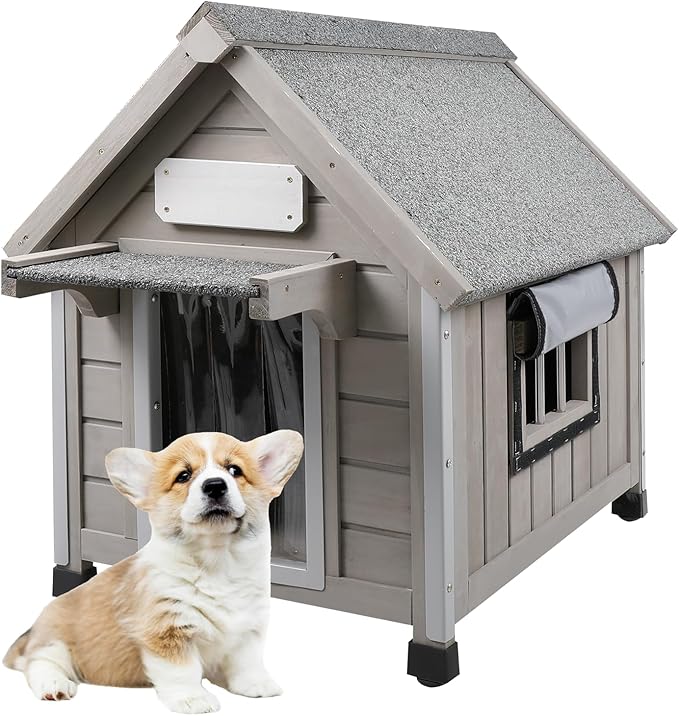 PetsCosset 20.5" L Outdoor Dog House with Waterproof Asphalt Roof for Small to Medium Dogs,Large Wooden Indoor Dog Kennel with Anti-Chewing Metal,Oxford Cloth Window,Durable Doghouse for 1-2 Dogs