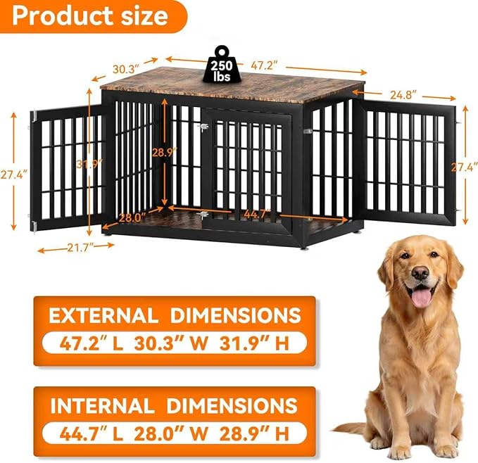 Snuowu 48" Heavy Duty Dog Crate Furniture for Small,Medium and Large Dogs,Rustic Wooden Dog Cage Kennel Indoor Furniture with Waterproof Top,Decorative Pet House Side End Table (Black & Wood)